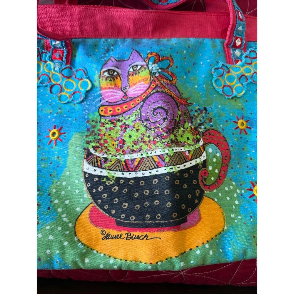 Laurel Burch Cat in Teacup Canvas Tote Bag Turquoise Red Mirror Straps Folk Art